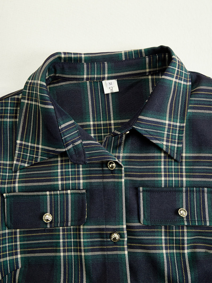 Robe Longue Chemise à Imprimé Écossais avec Manches Longues et Col Rabattu