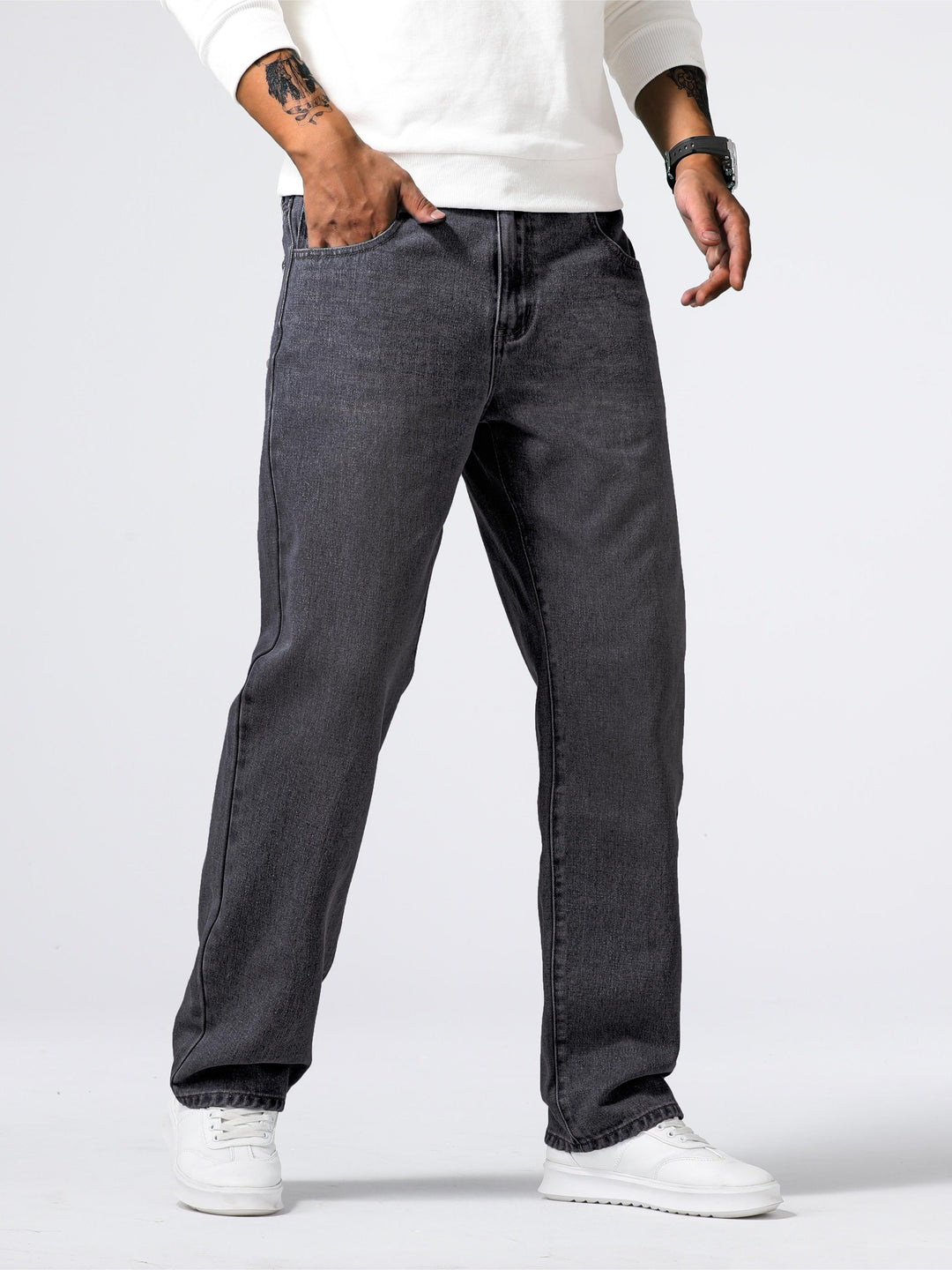 Jeans masculino de corte reto, para o dia a dia, com efeito desbotado e estilo casual atemporal