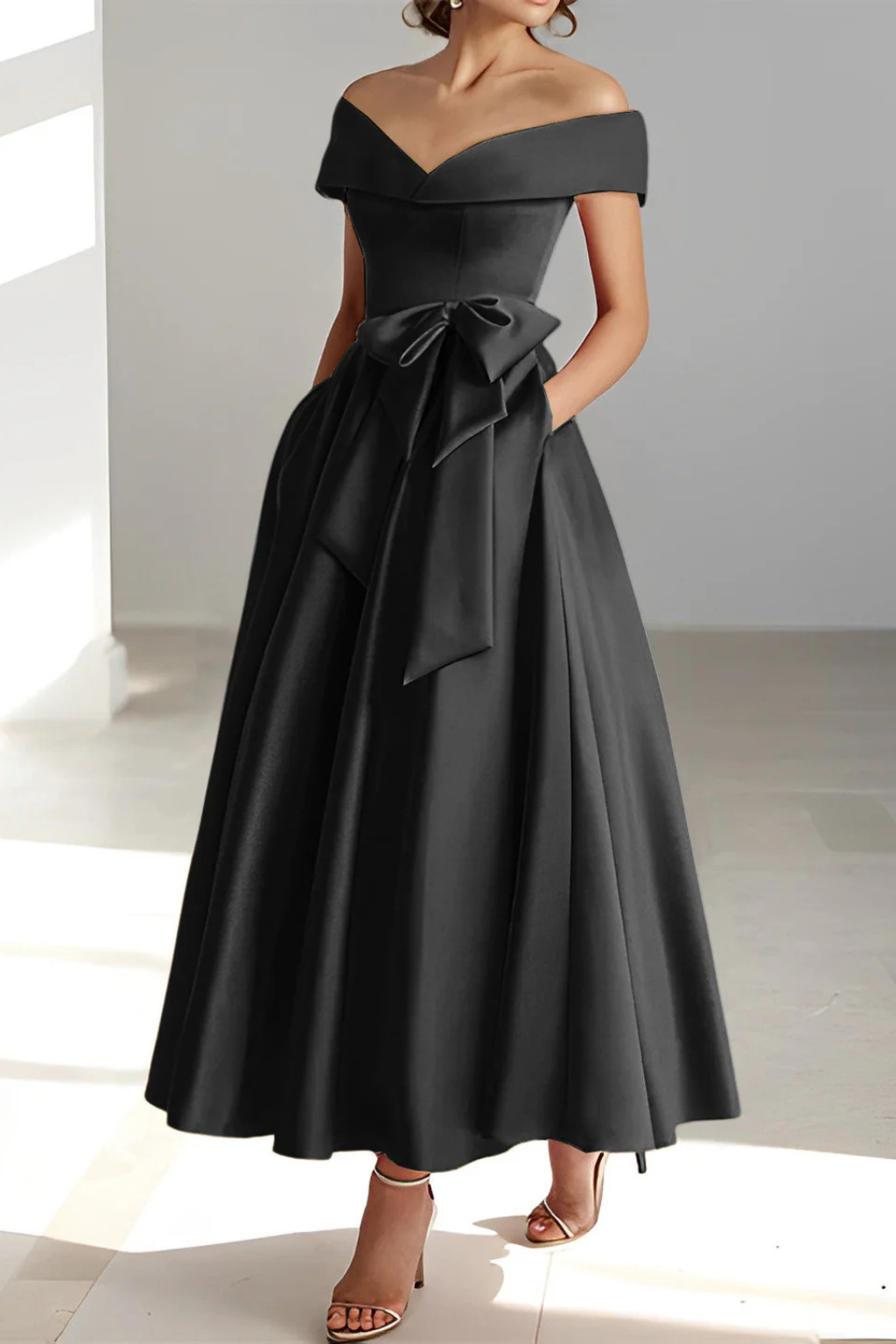 Robe Invitée de Mariage Midi de Style Patineuse à Épaules Nues et Nœud