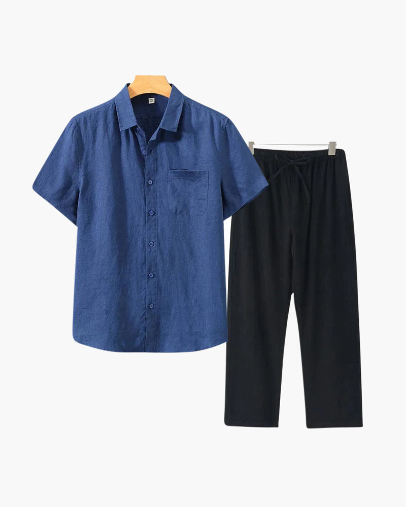 Set de relaxare din in pur pentru bărbați, cu cămașă cu mâneci lungi și pantaloni