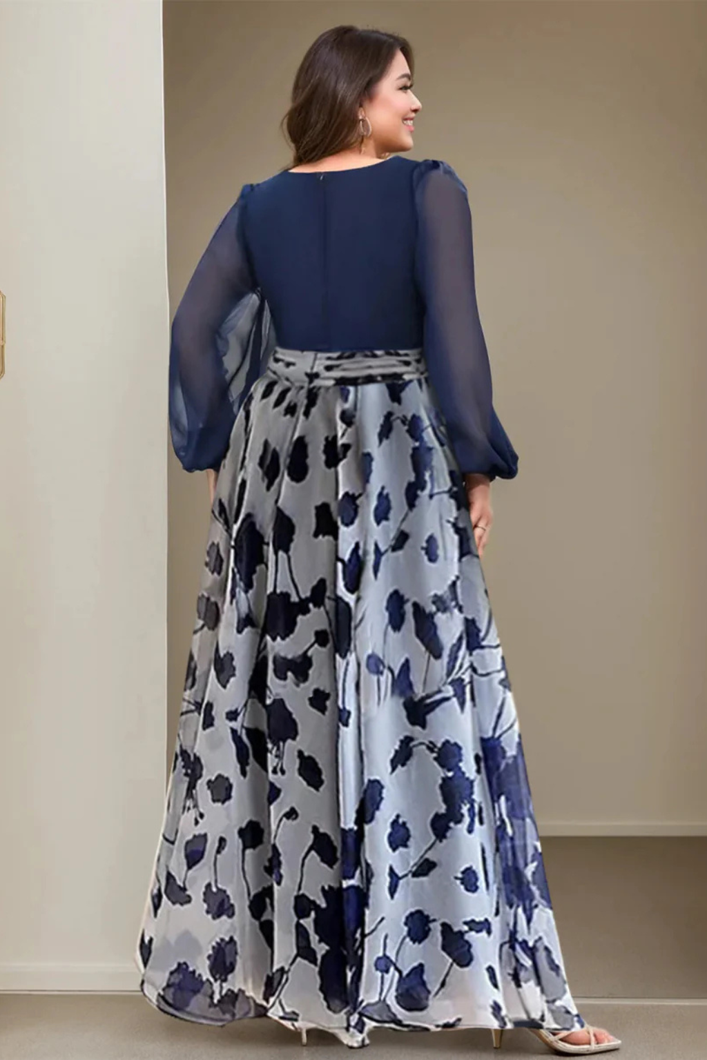 Ceremony Dress Wedding Guest Dress Long with Botanical Print and Puff Sleeves