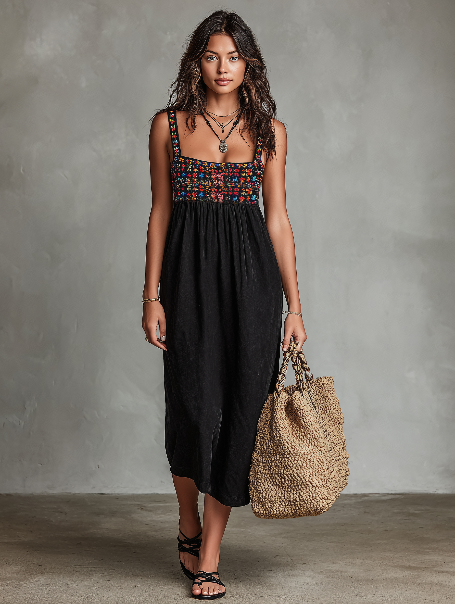 Embroidered Faux Suede Midi Dress
