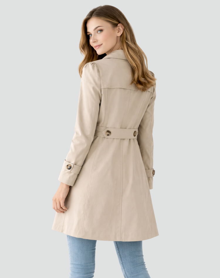 Mulher Trench Coat para Escritório Gola Estruturada com Lapela Corte Médio Pockets Laterais