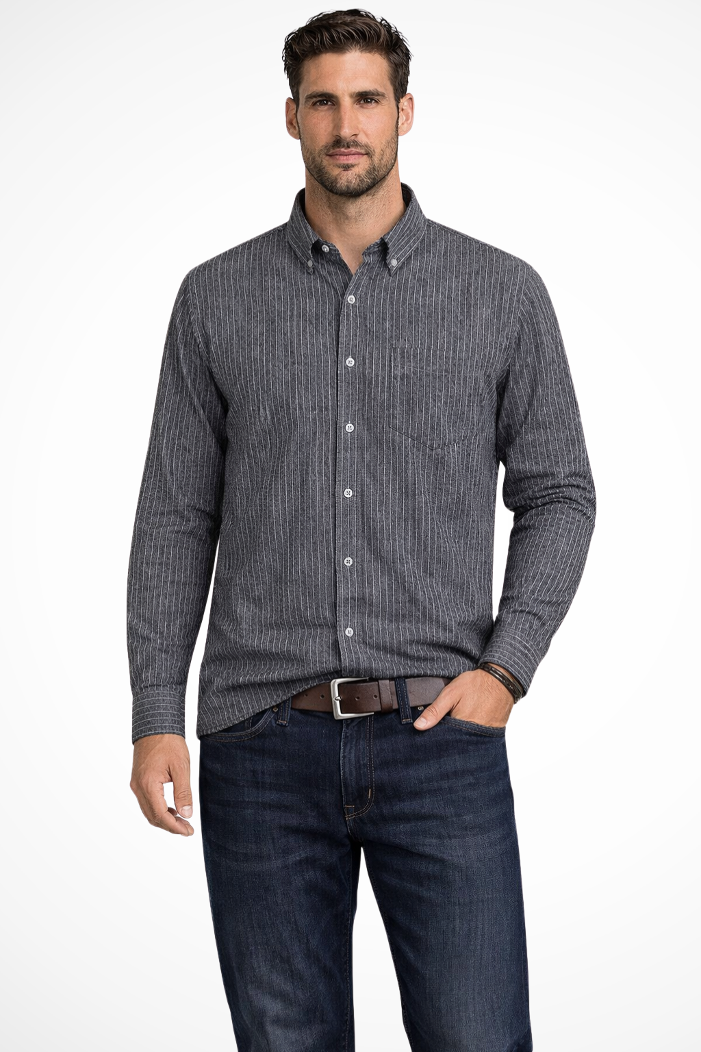 Chemise Formelle Rayée à Manches Longues et Coupe Ajustée pour Homme