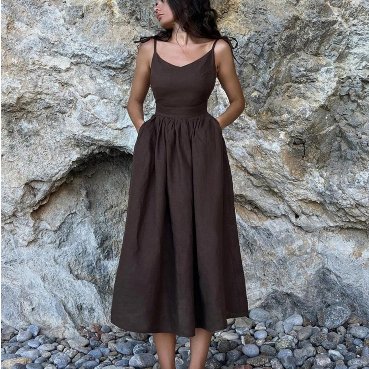 Robe Longue Trapèze à Bretelles avec Poches et Dos Nu en Fibre Naturelle pour Femme