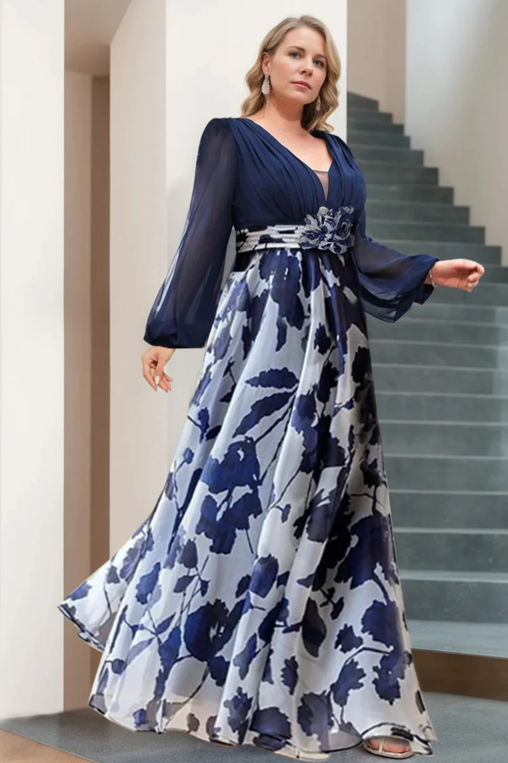 Ceremony Dress Wedding Guest Dress Long with Botanical Print and Puff Sleeves