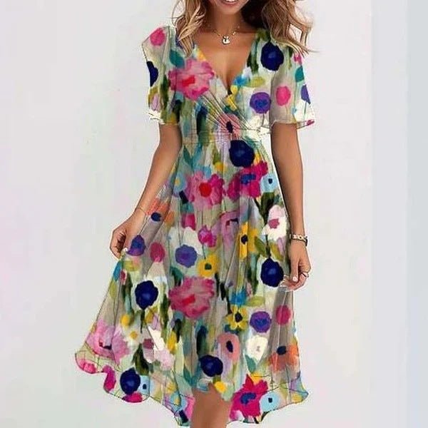 Robe Longue Évasée à Imprimé Floral avec Col en V et Manches Courtes pour Femme