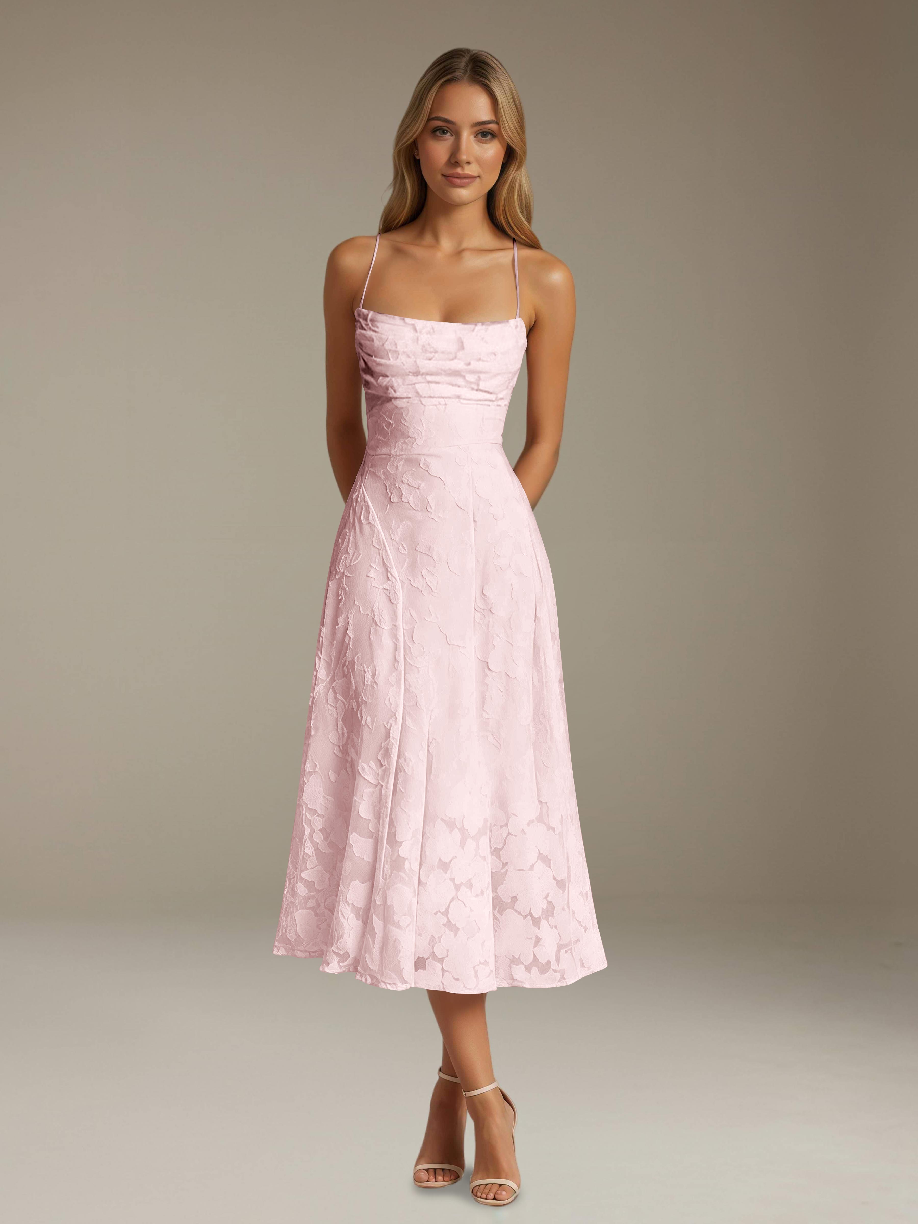 Robe Longue de Soirée à Bretelles Spaghetti et Dos Nu avec Jacquard Floral