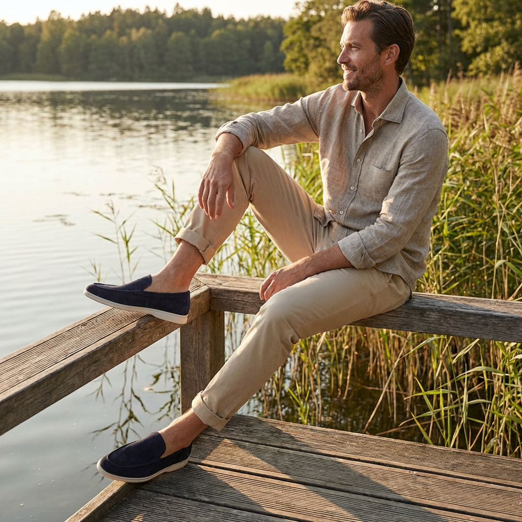 Mocassins en Daim avec Coutures Apparentes et Semelle en Caoutchouc pour Homme