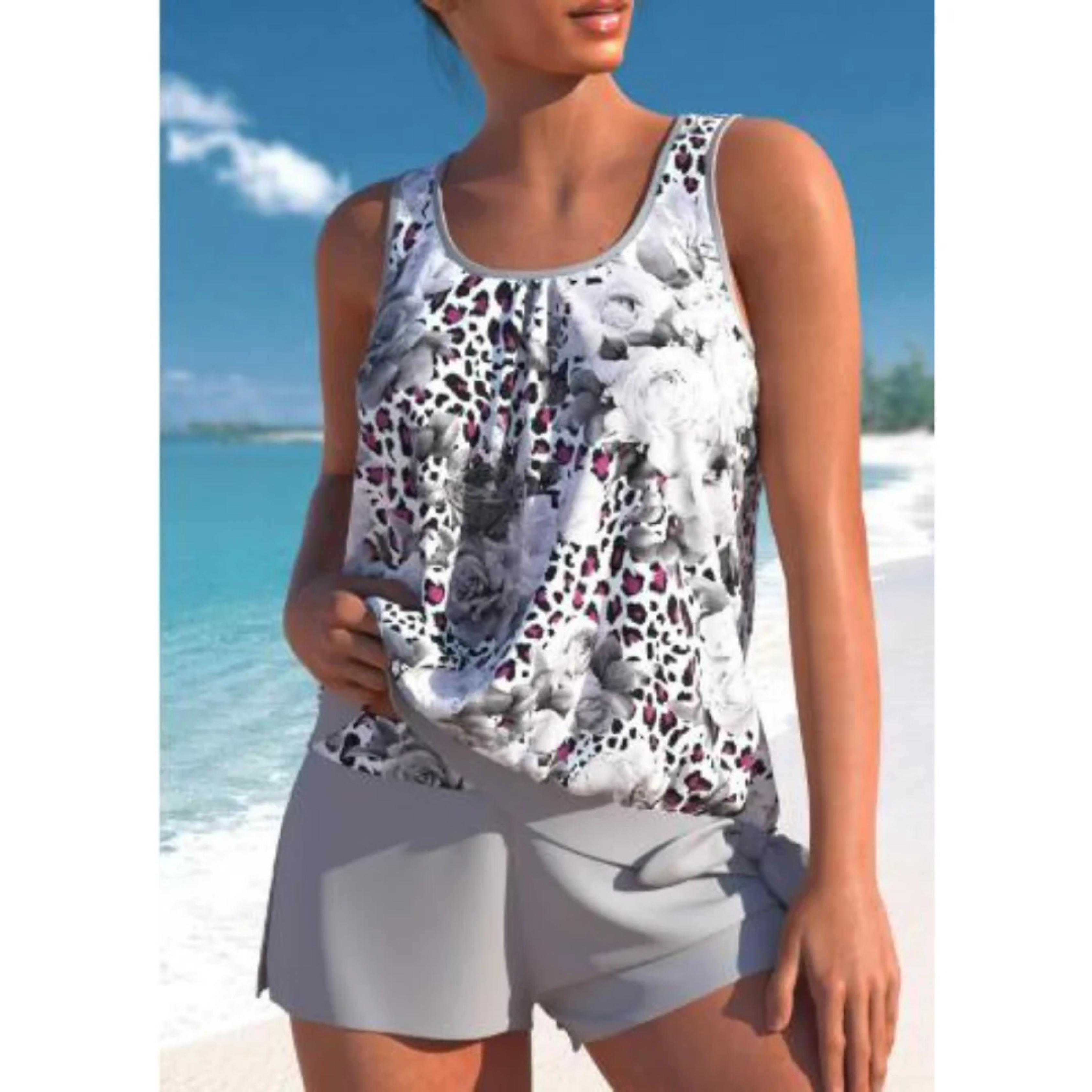 Costume da bagno tankini con stampa floreale, canotta e slip coordinati