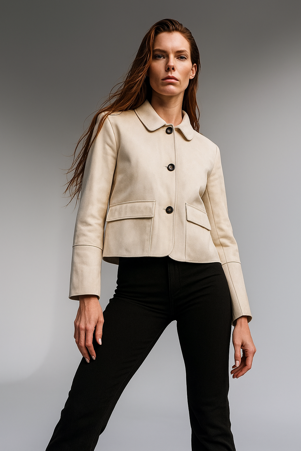 Women's cropped jacket with lapels, single button closure, and chest pockets