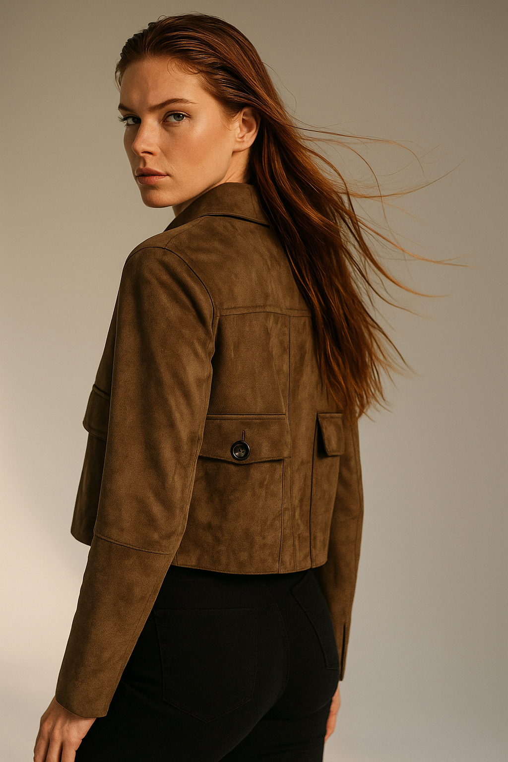 Women's cropped jacket with lapels, single button closure, and chest pockets