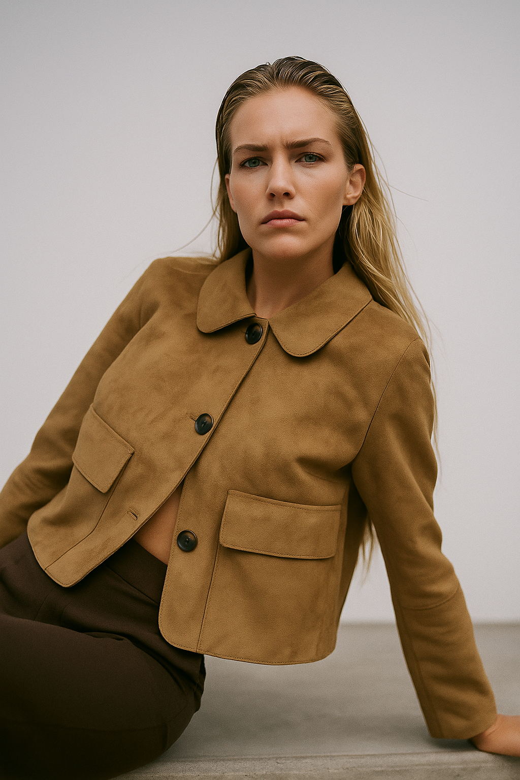 Women's cropped jacket with lapels, single button closure, and chest pockets