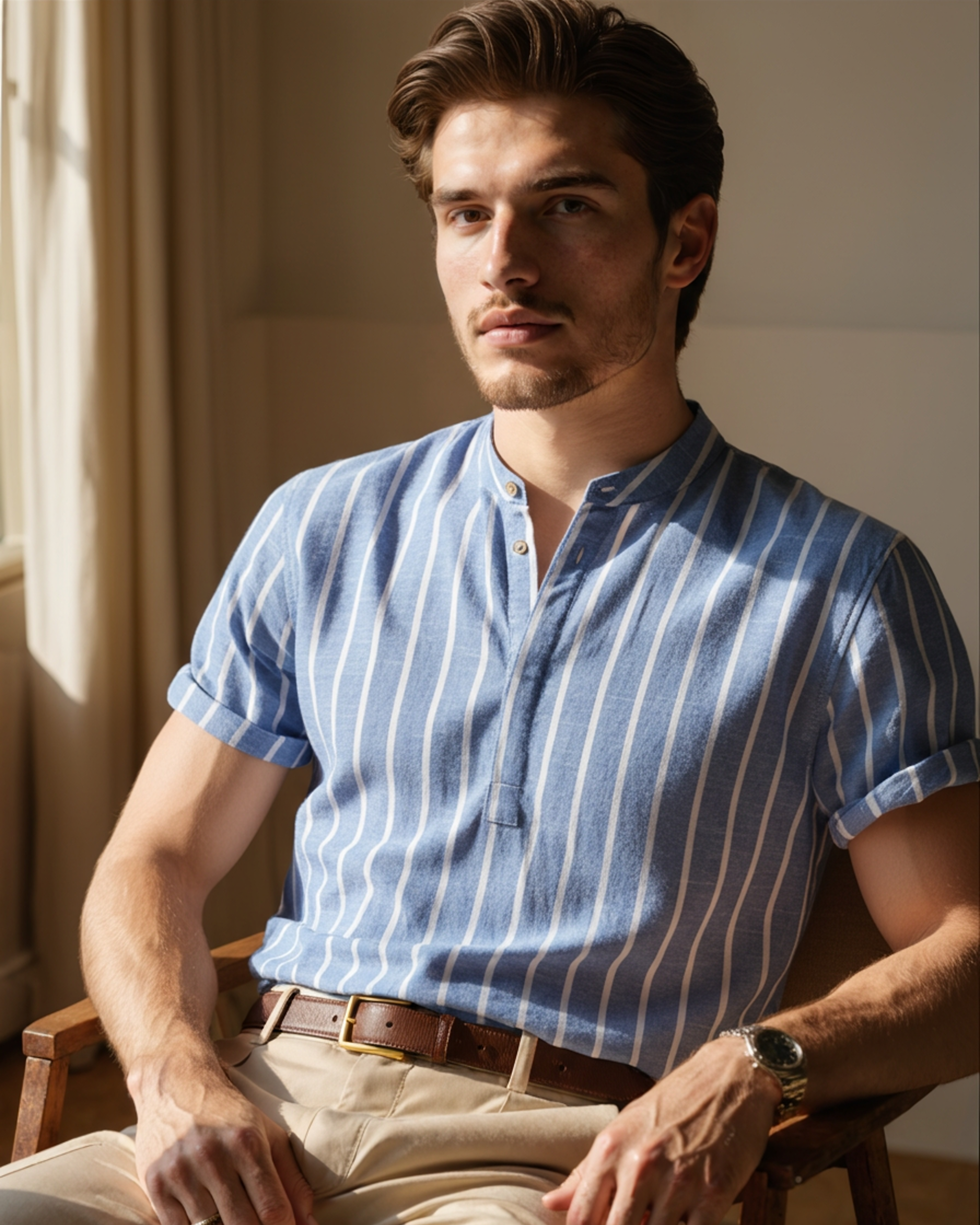 Chemise en Lin à Rayures pour Homme avec Col Officier et Manches Courtes