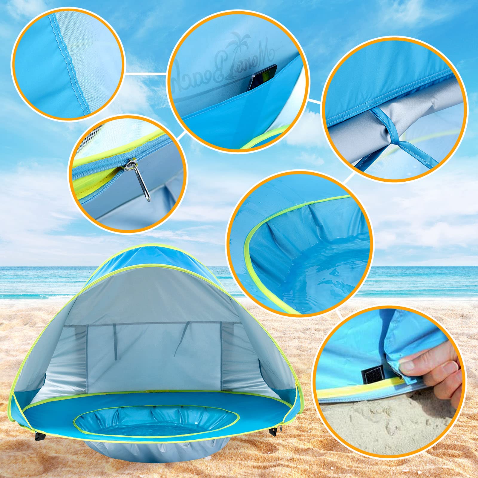 Tienda de playa para bebé con piscina integrada y protección solar