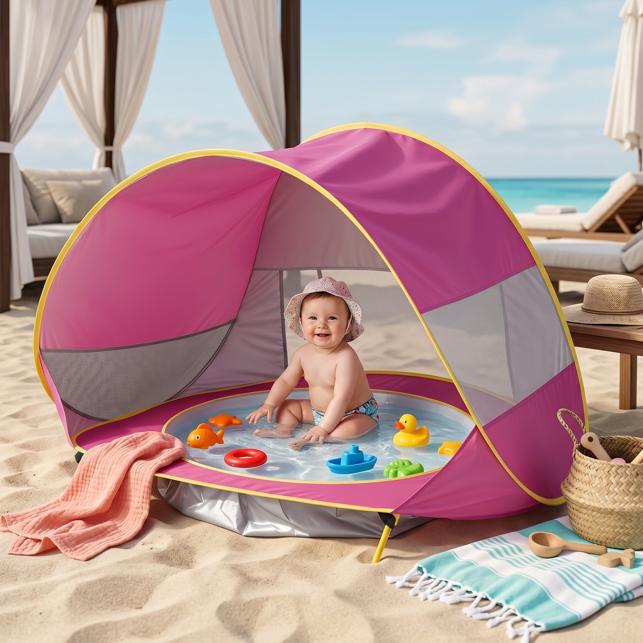 Tienda de playa para bebé con piscina integrada y protección solar
