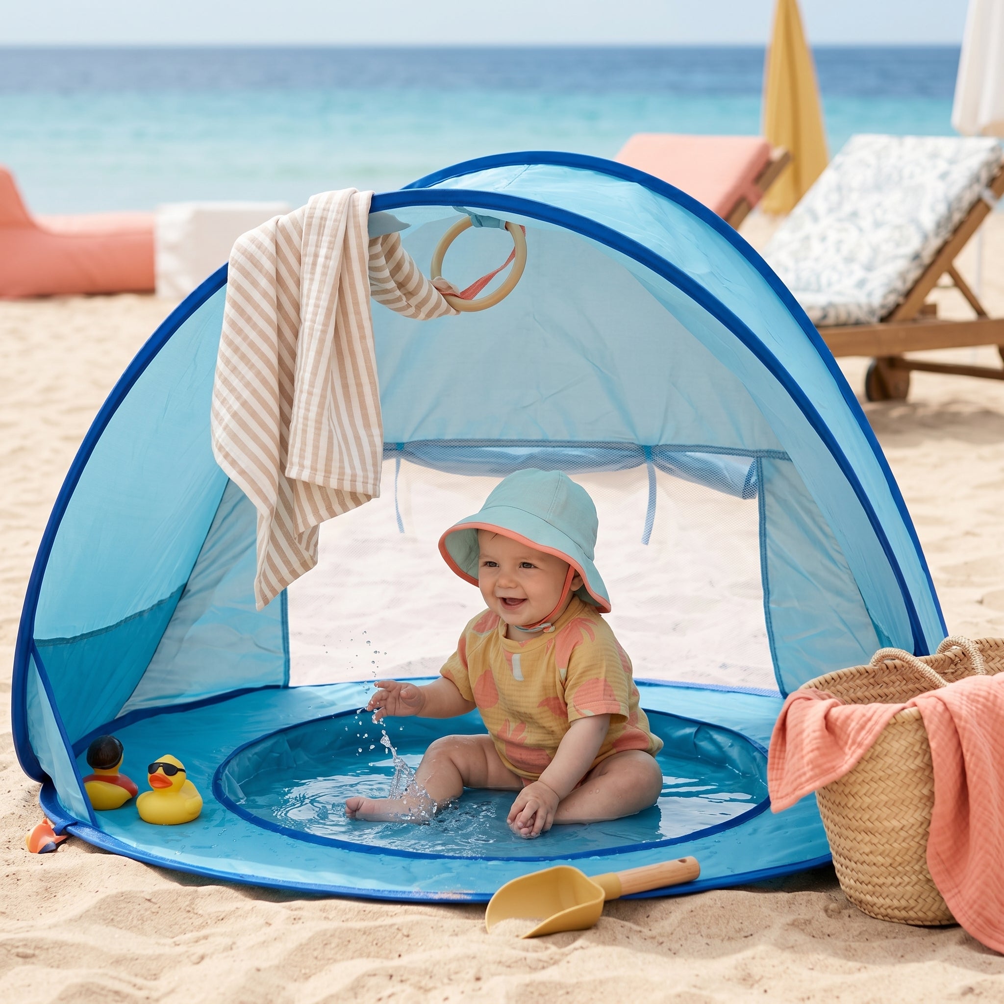 Tienda de playa para bebé con piscina integrada y protección solar