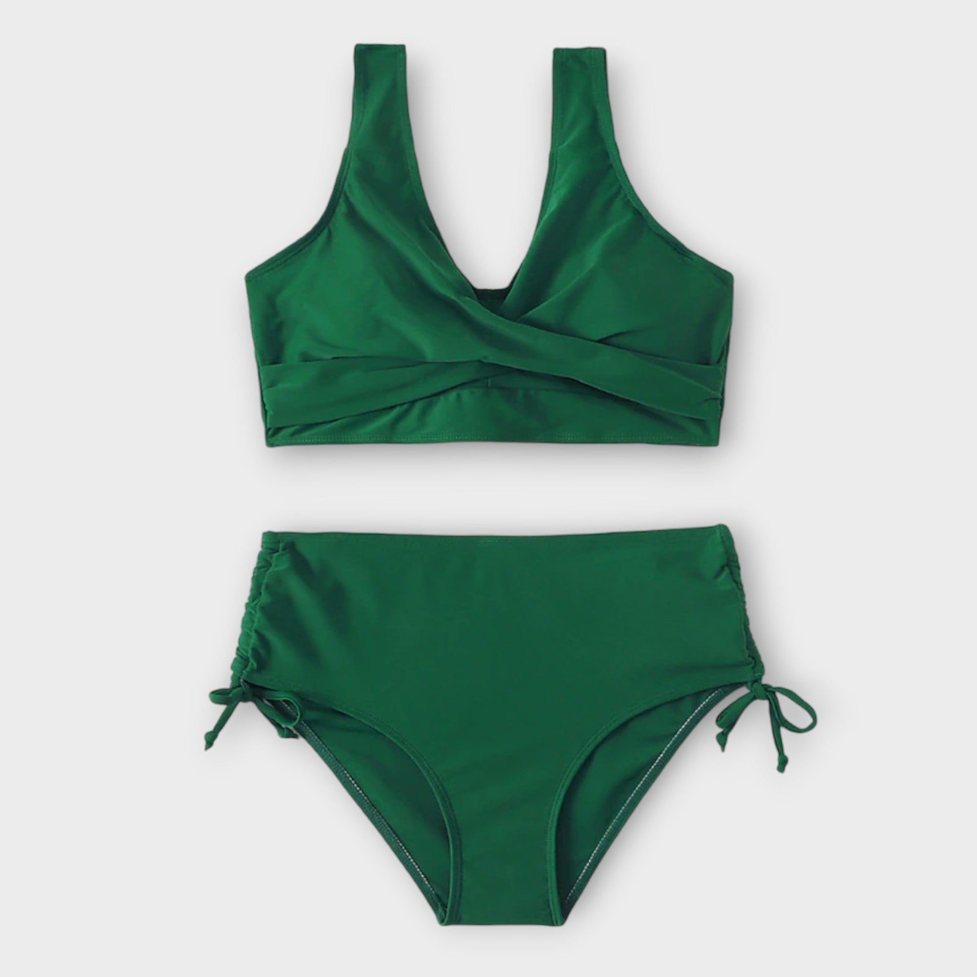 Costum de baie două piese cu talie înaltă și top cu decolteu încrucișat și șnururi