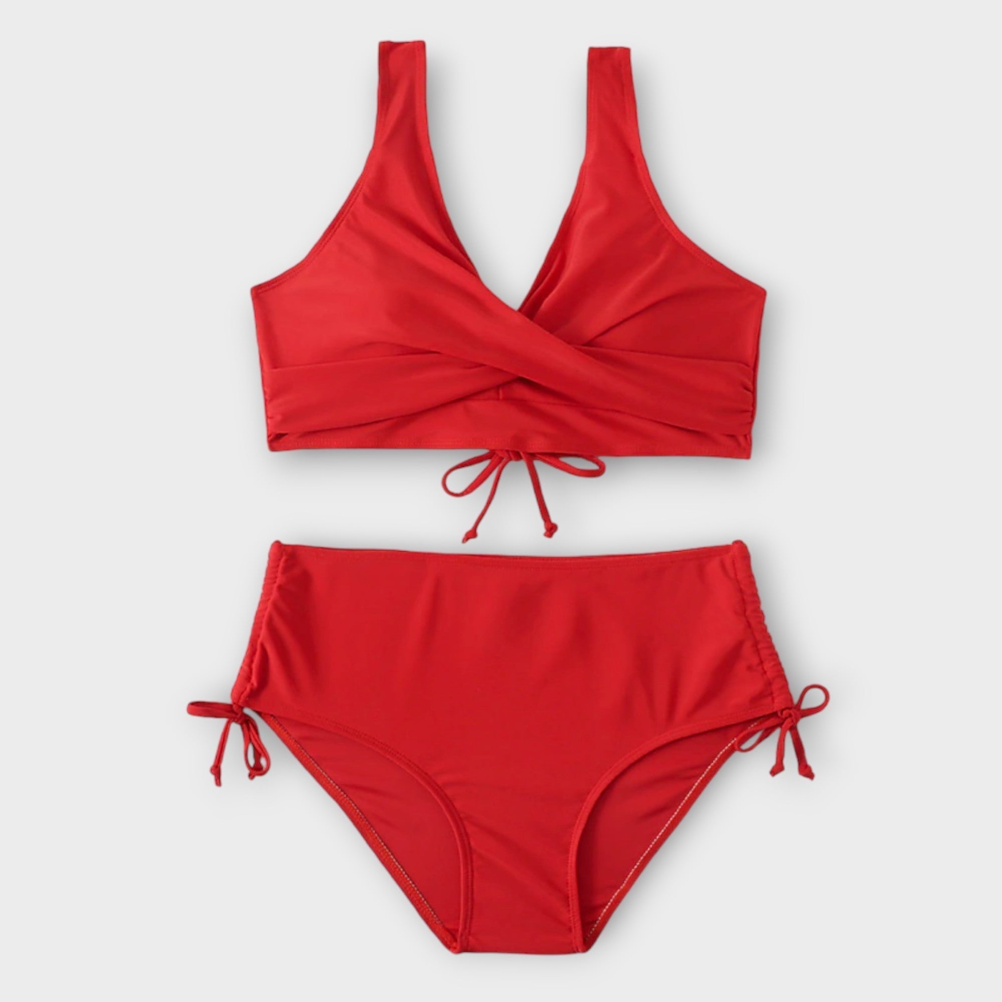 Costum de baie două piese cu talie înaltă și top cu decolteu încrucișat și șnururi