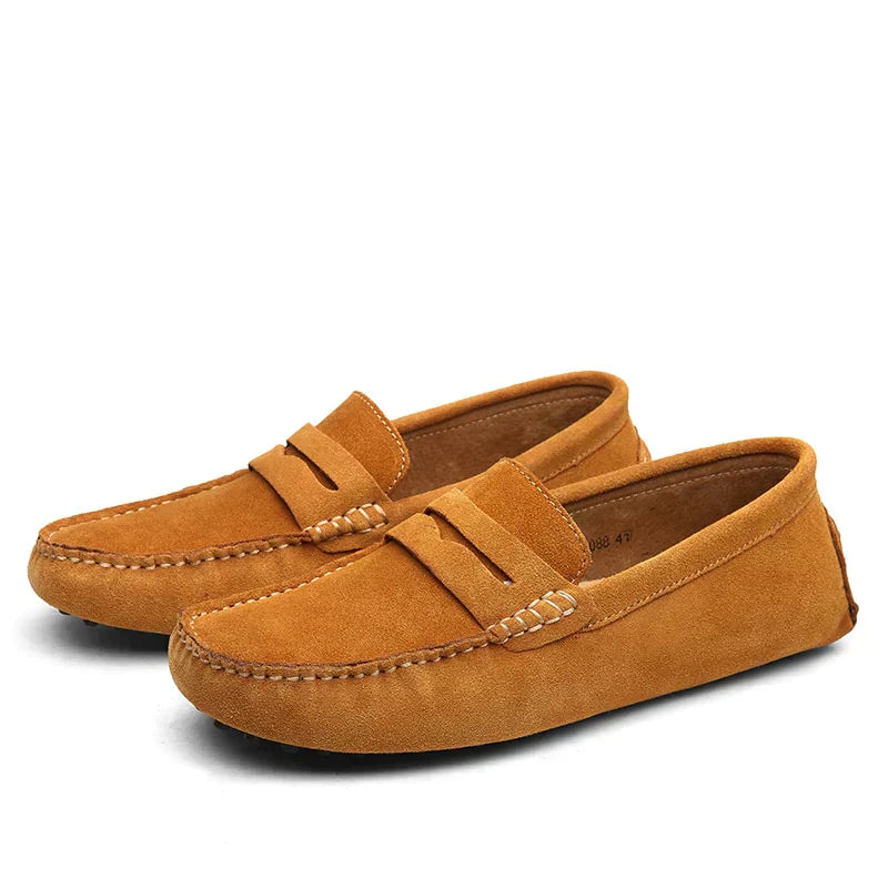 Mocasines de cuero ante para hombre, zapatos de conducción flexibles con suela de goma