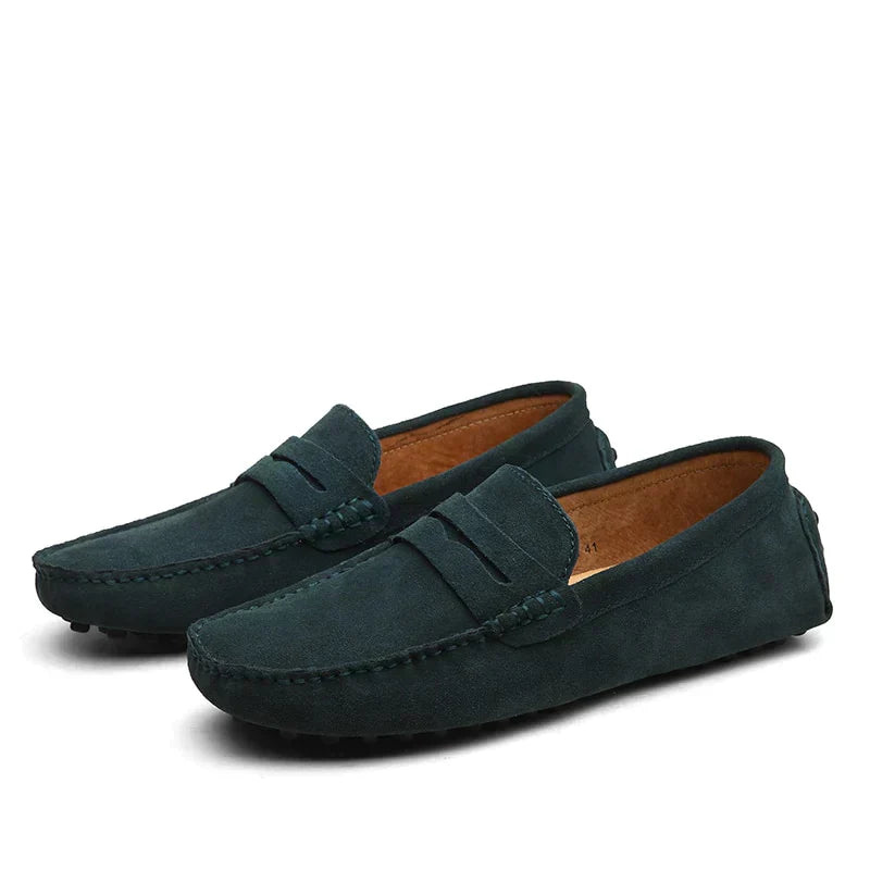 Mocasines de cuero ante para hombre, zapatos de conducción flexibles con suela de goma