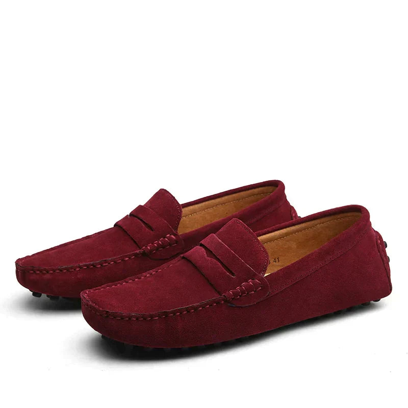 Mocasines de cuero ante para hombre, zapatos de conducción flexibles con suela de goma