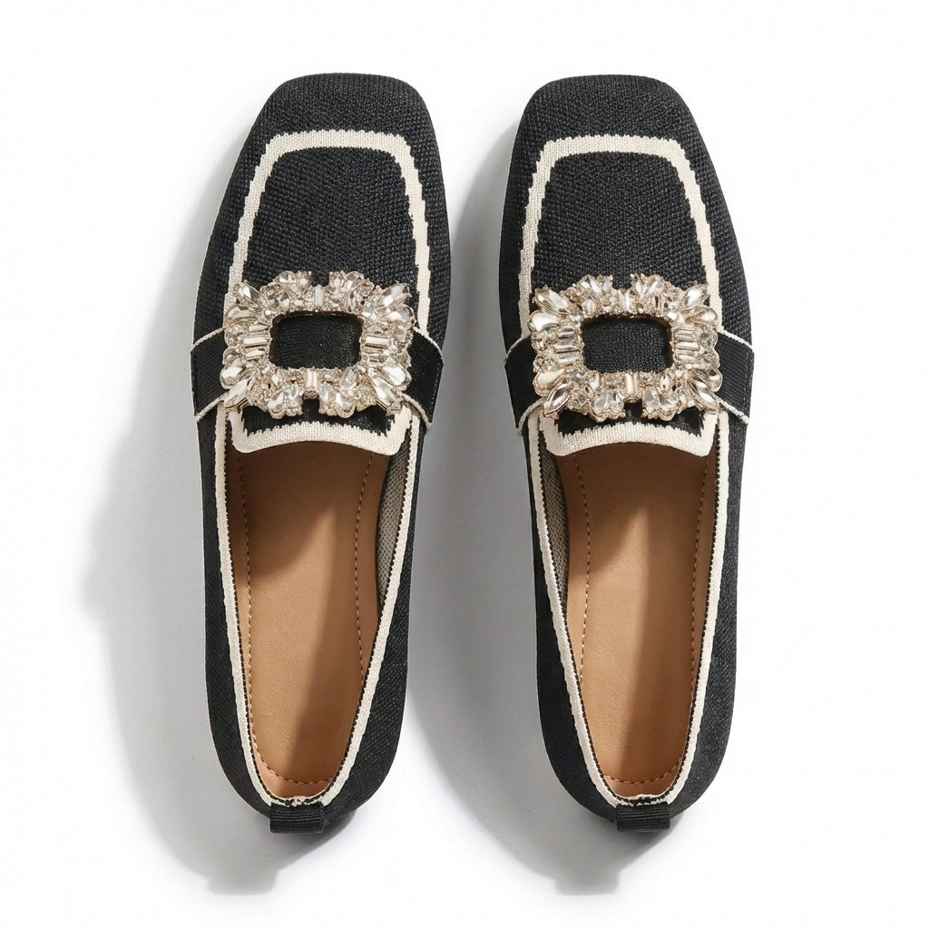 Ballerine con Punta Quadrata, Fibbia Gioiello e Finitura a Contrasto da Donna