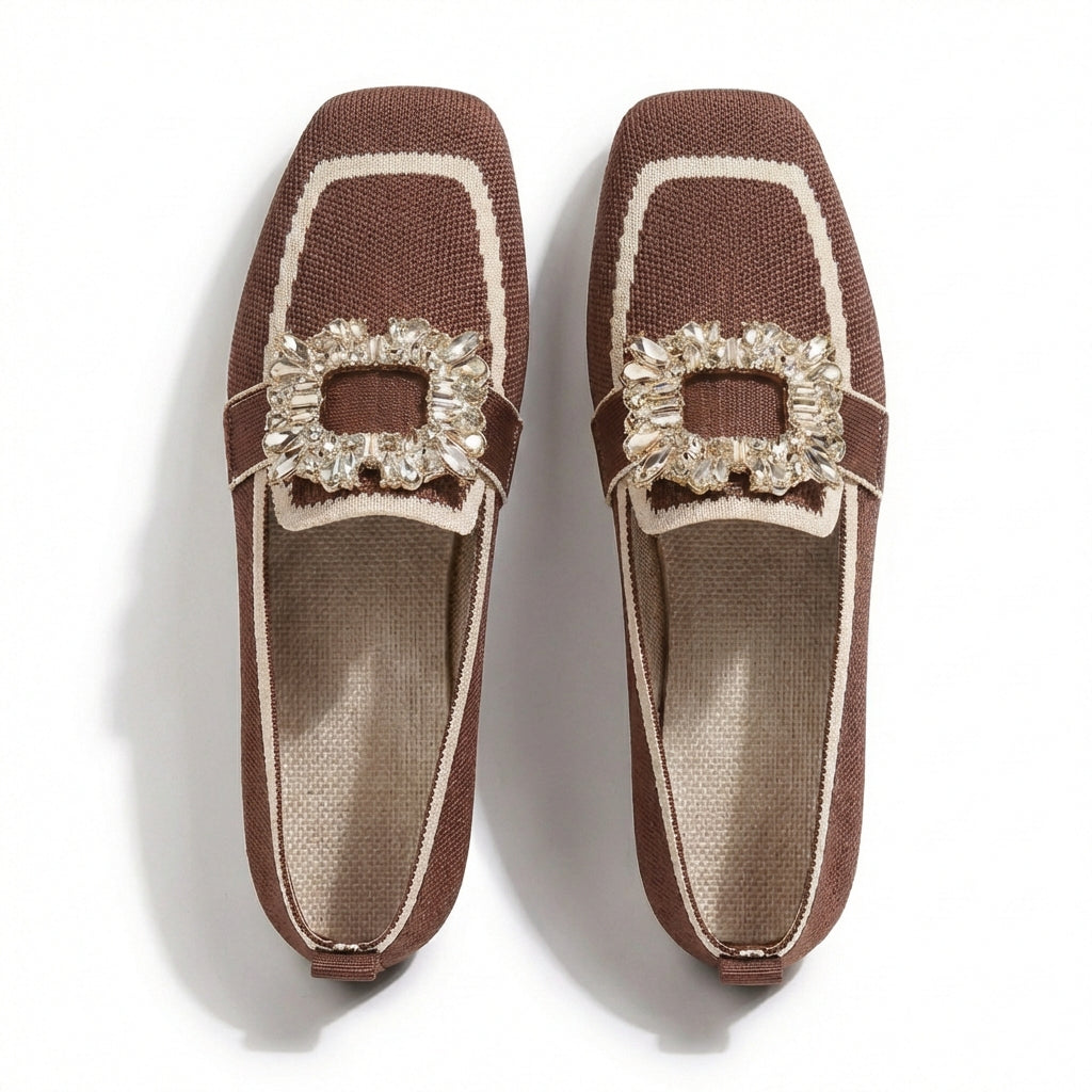 Ballerine con Punta Quadrata, Fibbia Gioiello e Finitura a Contrasto da Donna