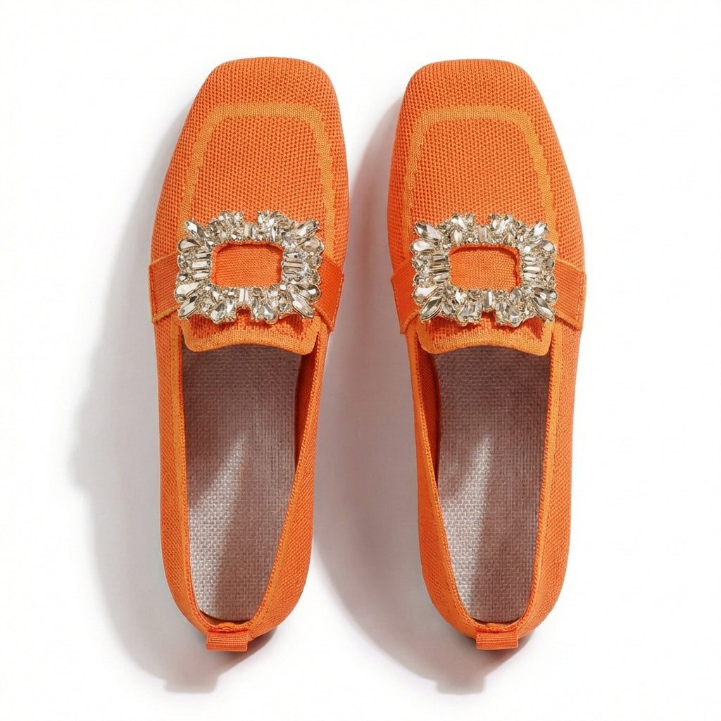 Ballerines à Bout Carré avec Boucle Bijou et Finition Contrastée pour Femme