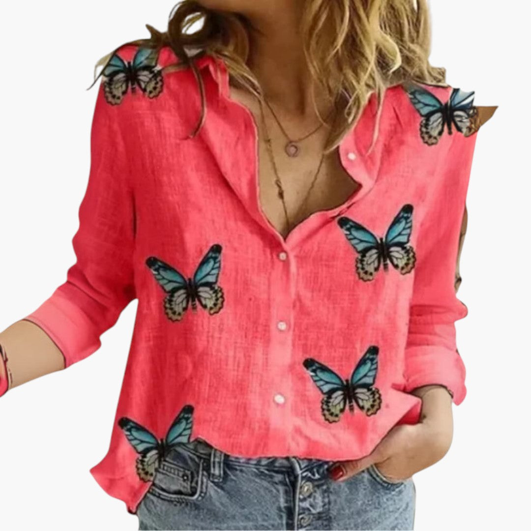 Blouse Femme en Coton et Lin Imprimé Floral à Manches Longues et Col Rabattu