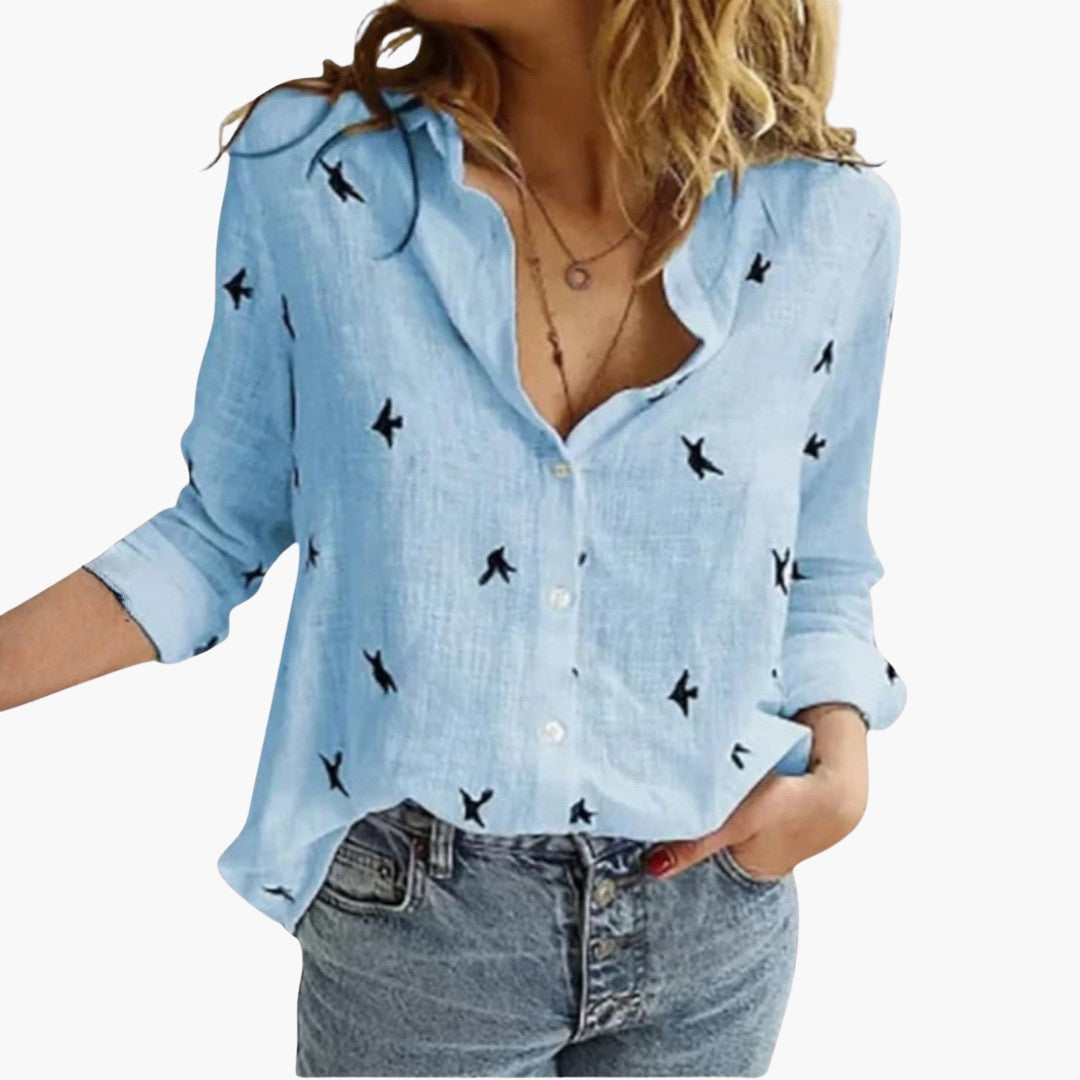 Blouse Femme en Coton et Lin Imprimé Floral à Manches Longues et Col Rabattu