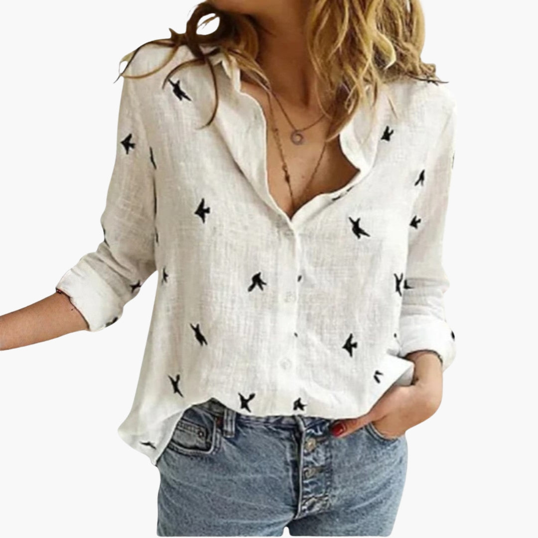Blouse Femme en Coton et Lin Imprimé Floral à Manches Longues et Col Rabattu