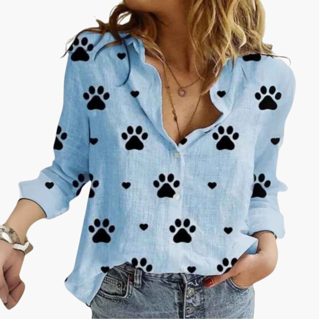 Blouse Femme en Coton et Lin Imprimé Floral à Manches Longues et Col Rabattu