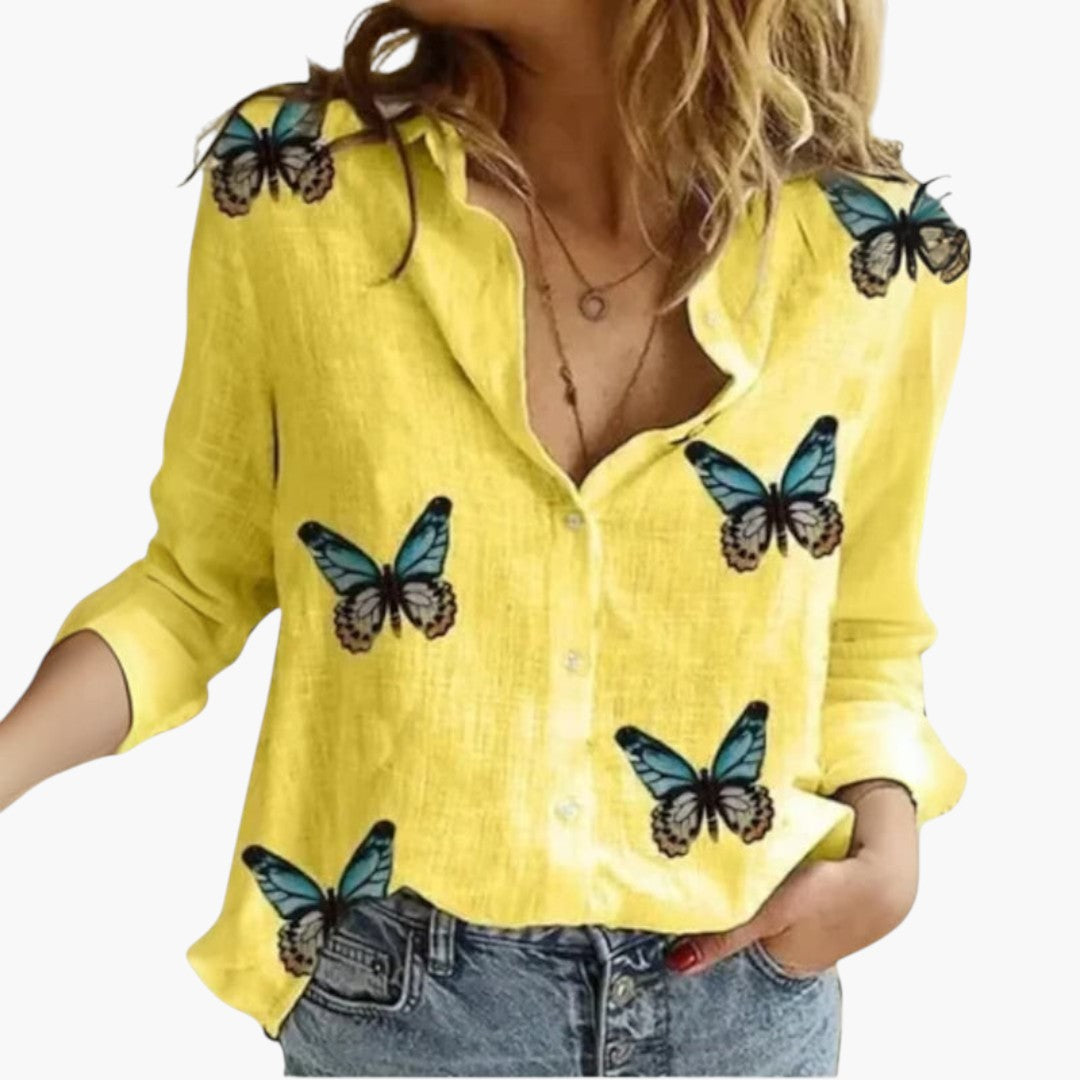 Blouse Femme en Coton et Lin Imprimé Floral à Manches Longues et Col Rabattu