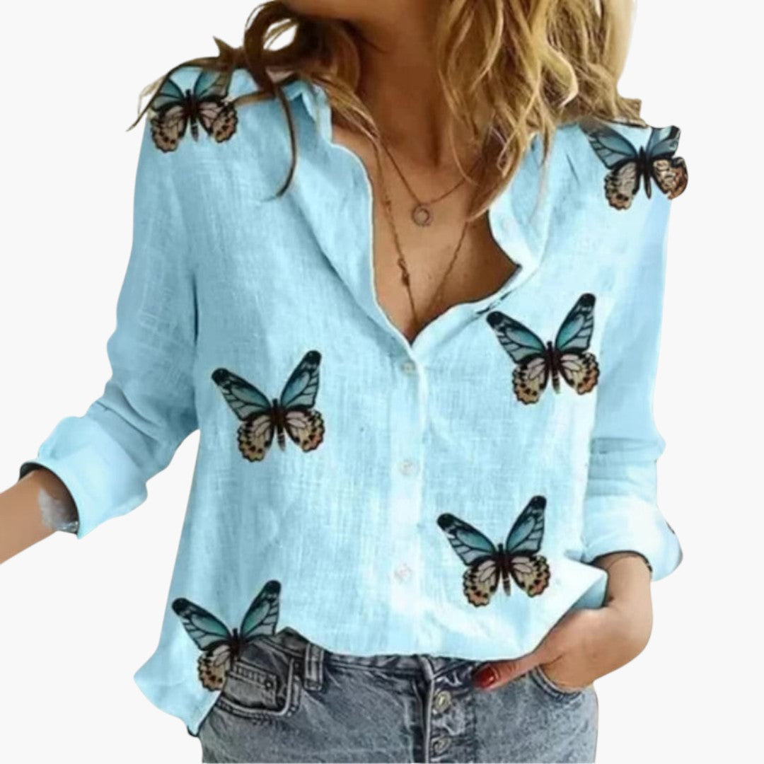 Blouse Femme en Coton et Lin Imprimé Floral à Manches Longues et Col Rabattu