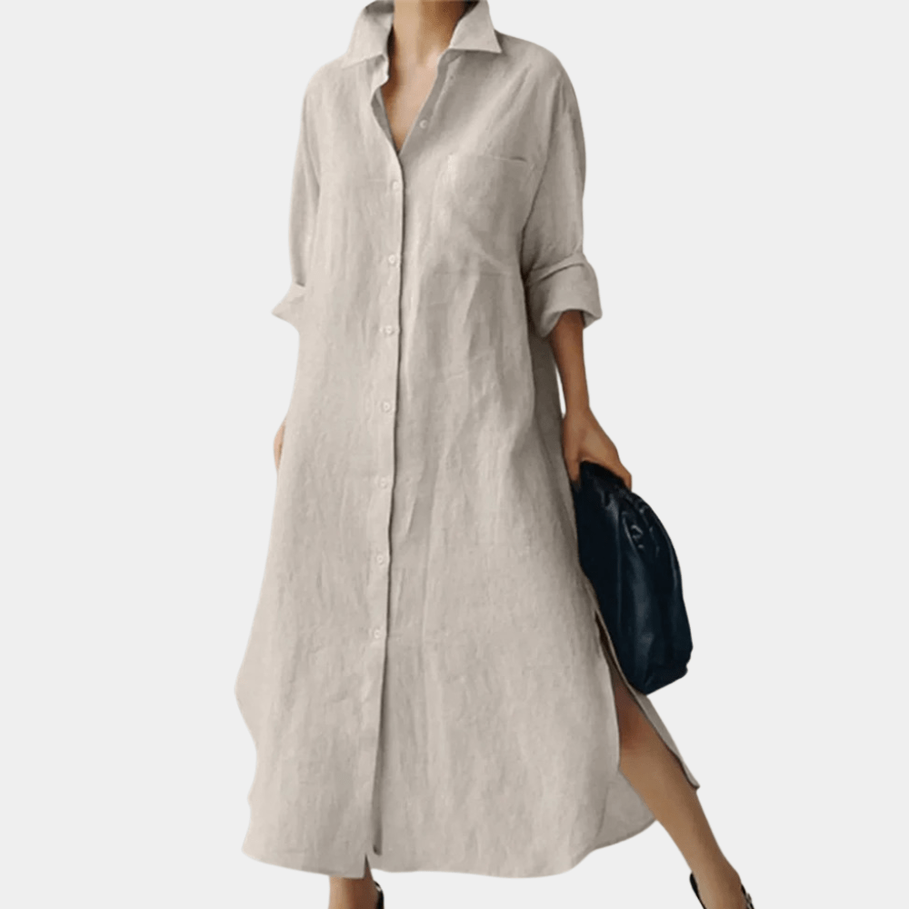 Robe Chemise Longue à Manches Longues avec Col à Revers et Boutons pour Femme