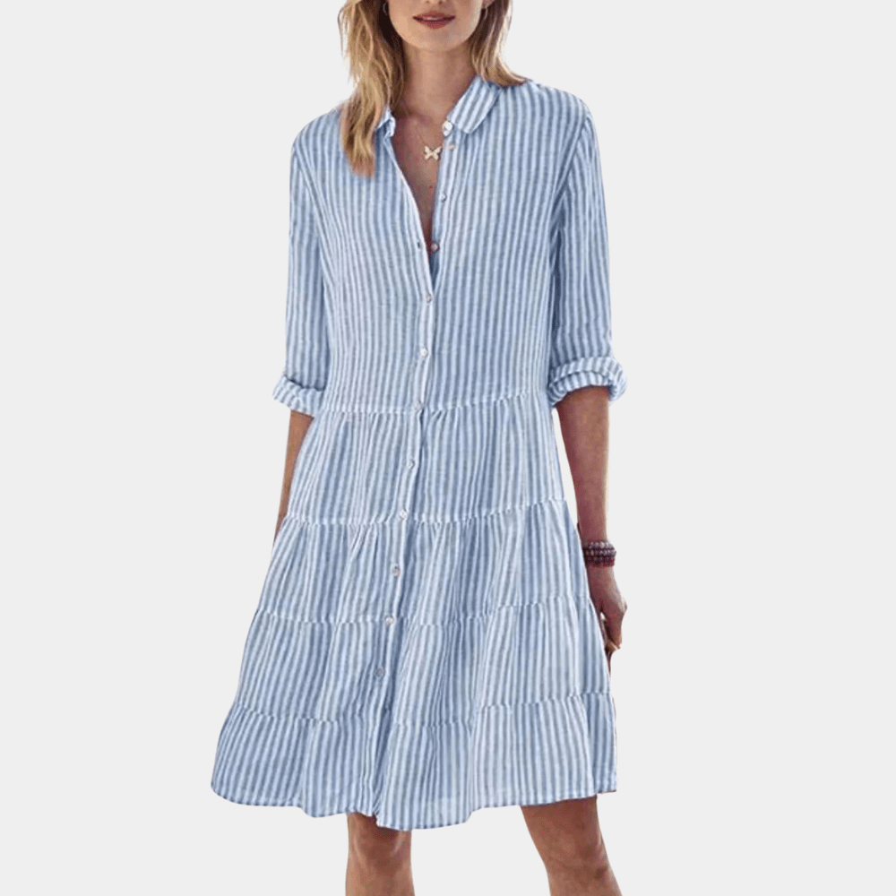 Robe Chemise Rayée à Manches Longues et Col à Revers pour Femme Coupe Évasée