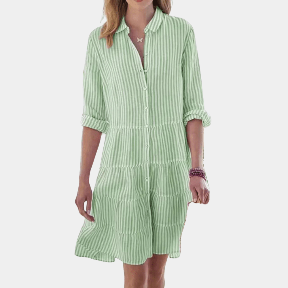 Robe Chemise Rayée à Manches Longues et Col à Revers pour Femme Coupe Évasée