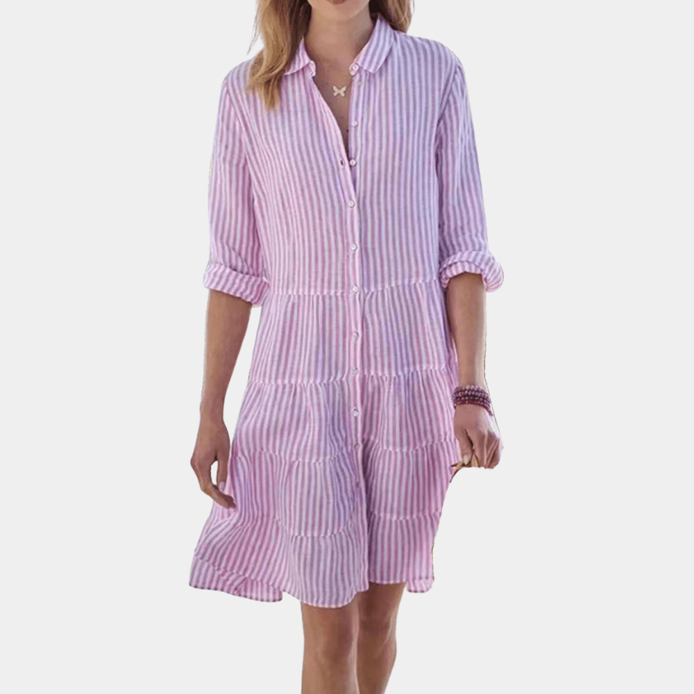 Robe Chemise Rayée à Manches Longues et Col à Revers pour Femme Coupe Évasée