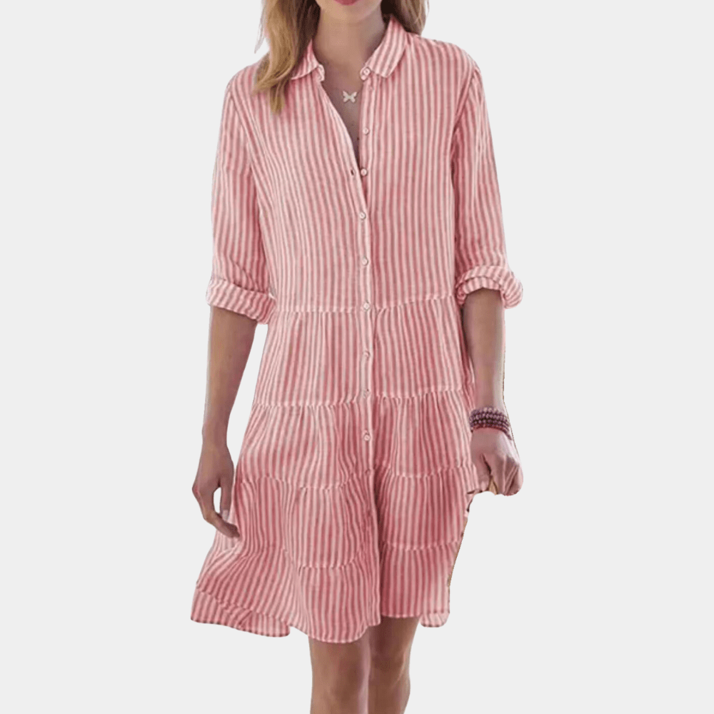Robe Chemise Rayée à Manches Longues et Col à Revers pour Femme Coupe Évasée