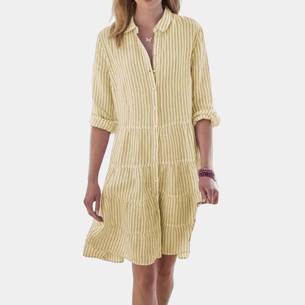 Robe Chemise Rayée à Manches Longues et Col à Revers pour Femme Coupe Évasée