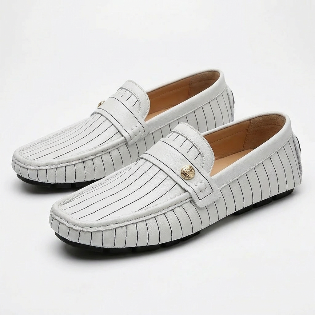 Mocassins en Cuir Véritable pour Homme avec Coutures Contrastées et Bouton Décoratif