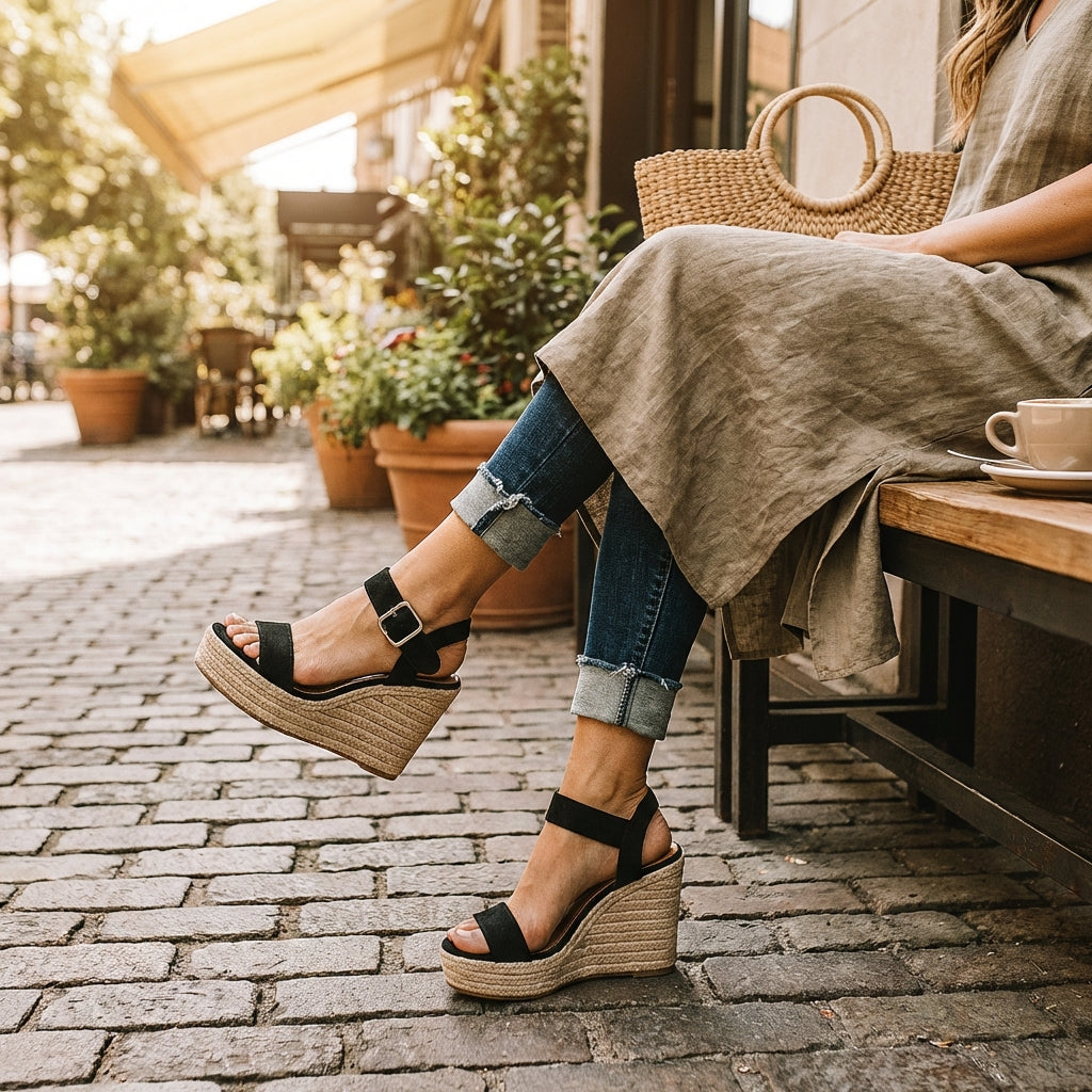 Sandales à Talon Compensé en Similicuir avec Plateforme en Espadrille pour Femme