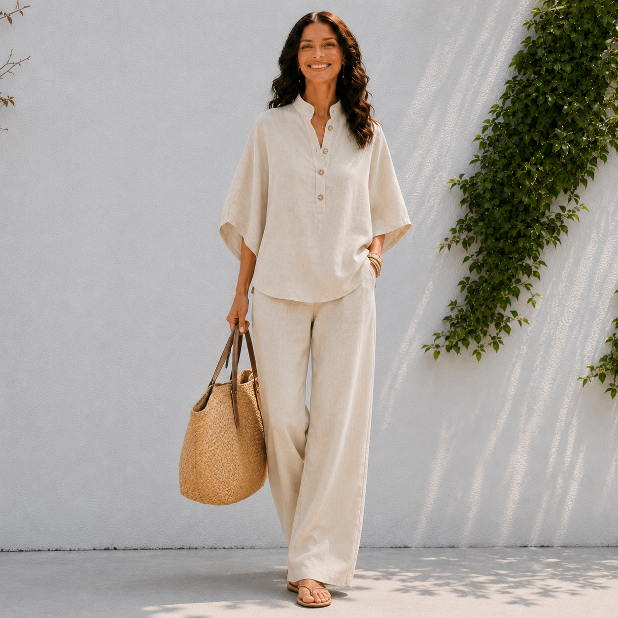 Ensemble pantalon pour femme - haut à boutons et jambes larges plage