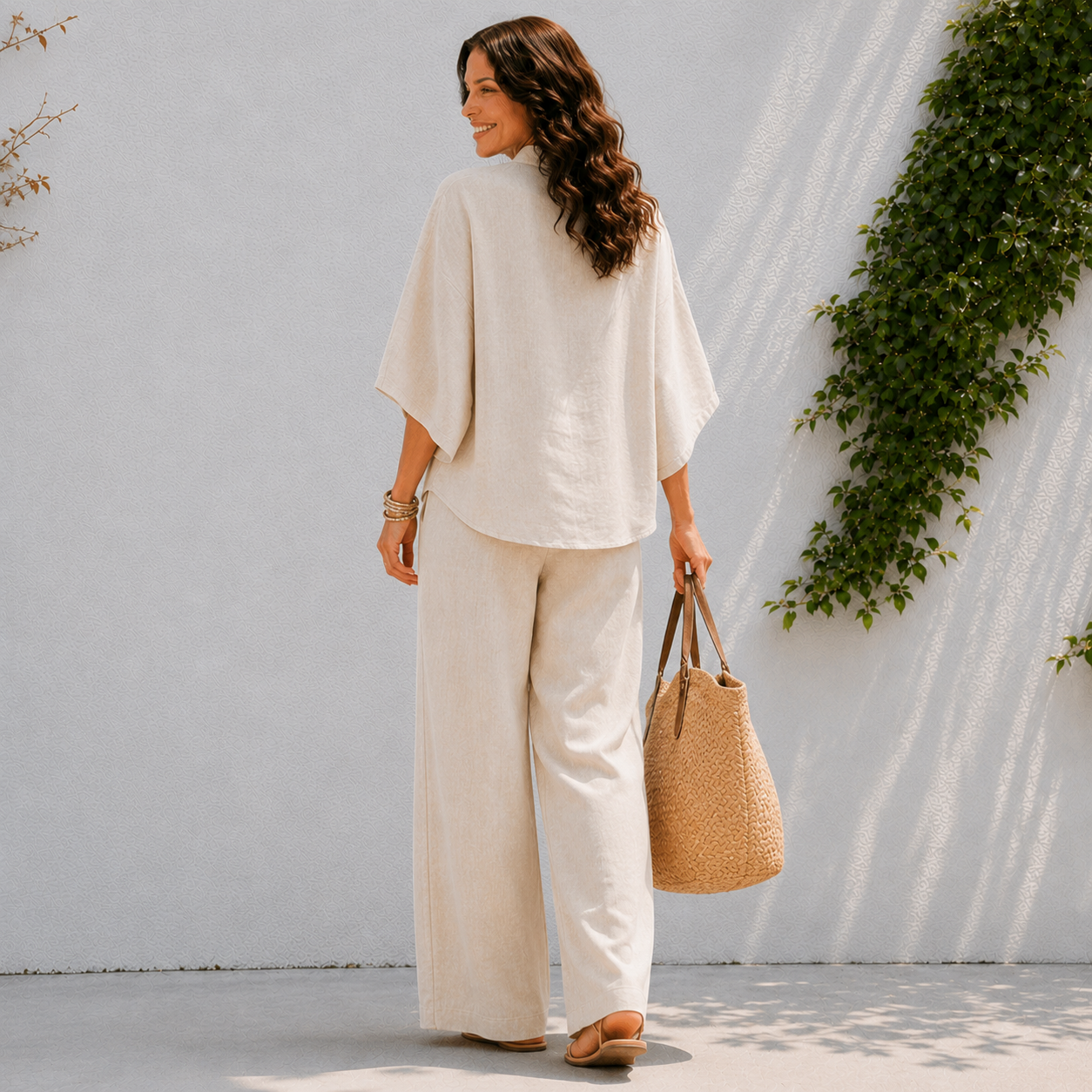Ensemble pantalon pour femme - haut à boutons et jambes larges plage