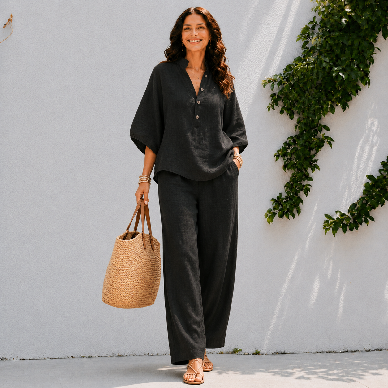 Ensemble pantalon pour femme - haut à boutons et jambes larges plage