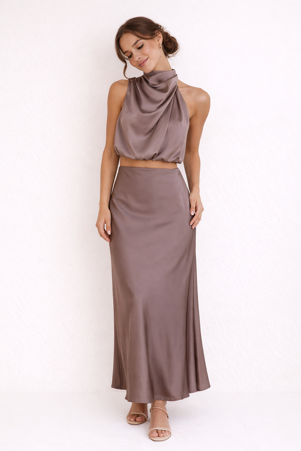 Completo Coordinato Donna Gonna Maxi e Top con Collo Alto Drappeggiato