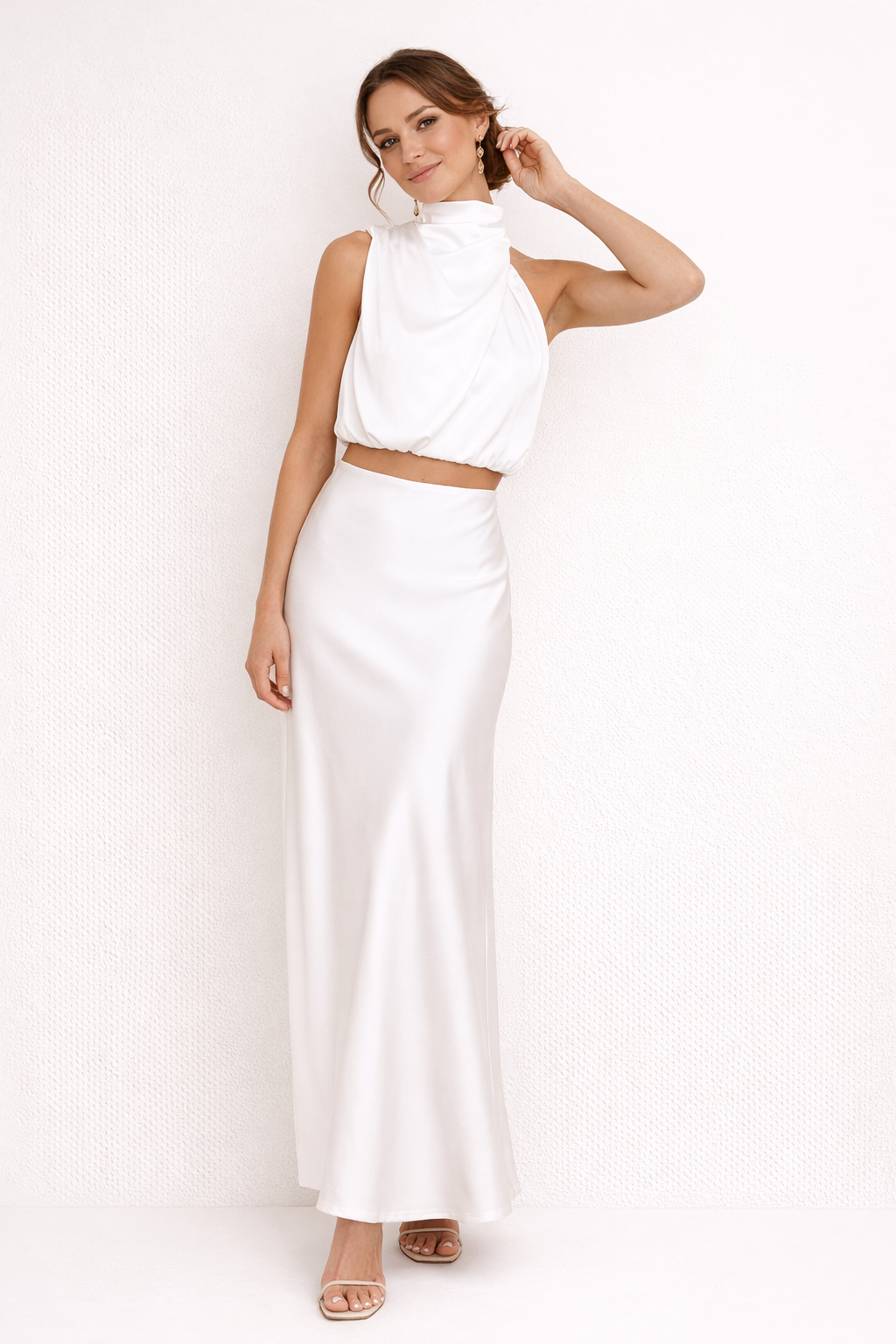 Completo Coordinato Donna Gonna Maxi e Top con Collo Alto Drappeggiato