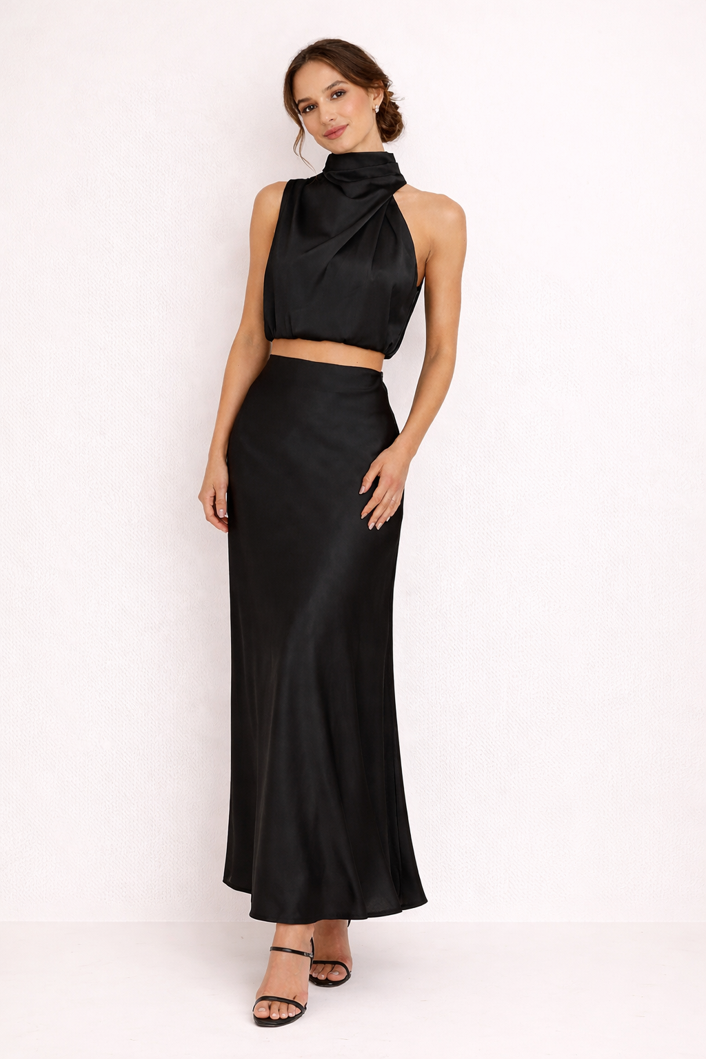 Completo Coordinato Donna Gonna Maxi e Top con Collo Alto Drappeggiato