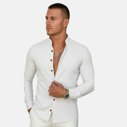 Velclairemode | Chemise Décontractée Coton-Lin à Col Henley – Légèreté Naturelle, Élégance Essentielle